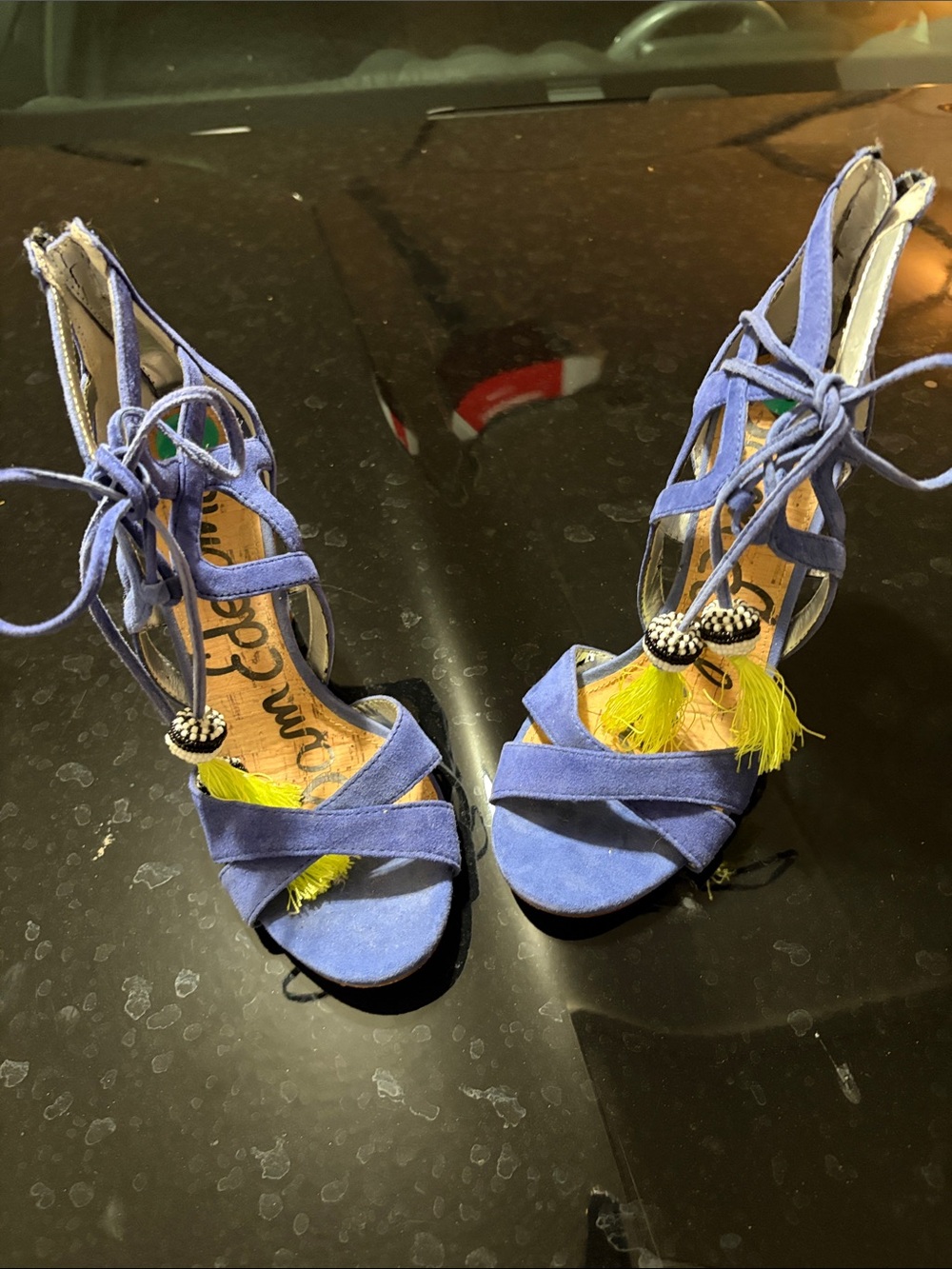 Sam Edelman Blue Suede Lace-Up Heels with Yellow Tassels